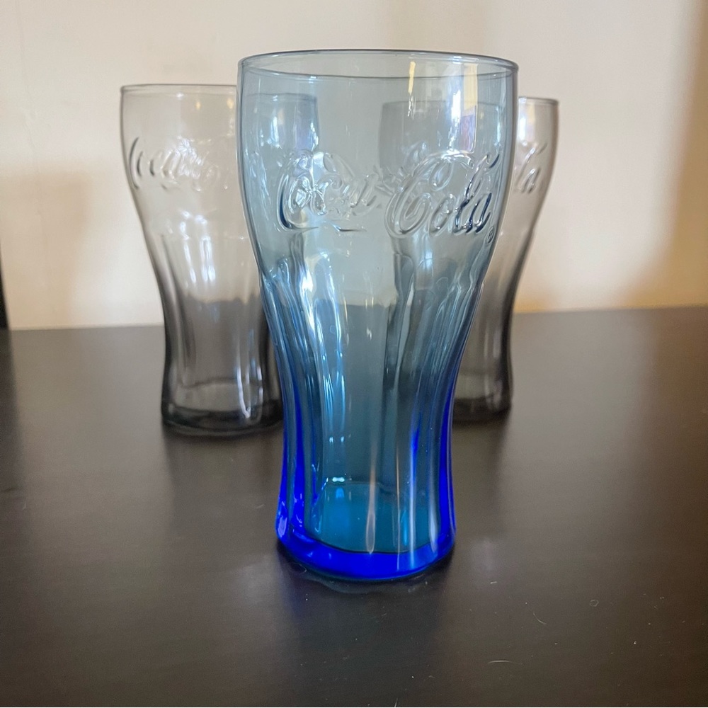 Coca Cola Glasses 16 oz Set of Three Blue Smoke Gray